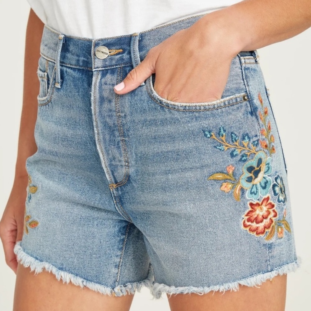 DRIFTWOOD Blue Jean Shorts with Floral Embroidery